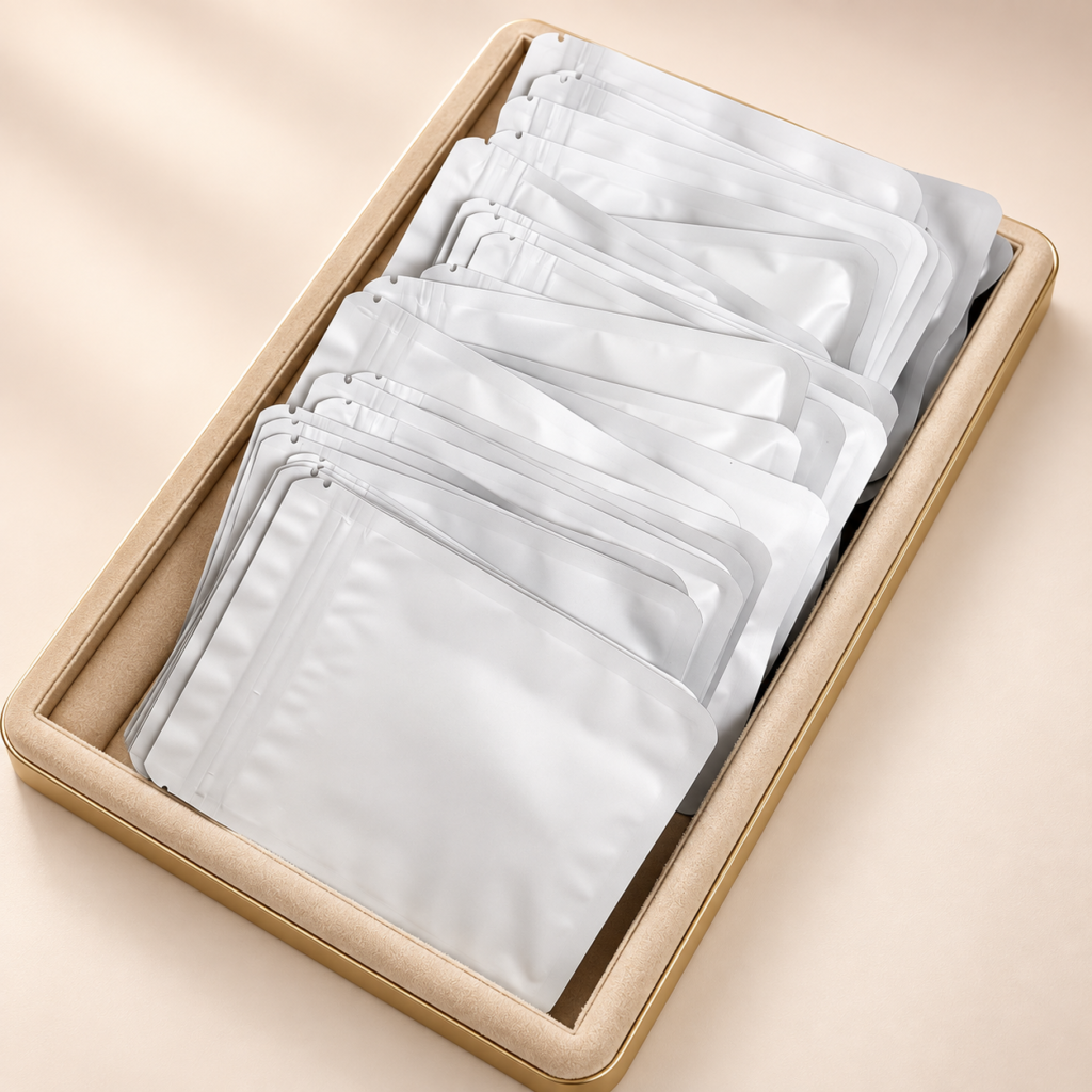 Premium white jewelry mystery bags in a champagne-gold velvet tray